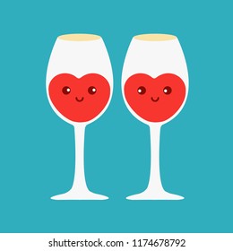 simple clean cute heart shaped & sweet face concept creative. red wine glass couple in love isolated. valentines day & christmas. cheers characters cartoon flat design vector. date & dring together
