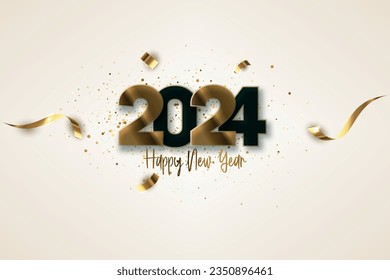 Diseño simple y limpio Feliz Año Nuevo 2024 Fondo con diseño elegante de adorno dorado y confeti para pancartas, afiches o calendario.