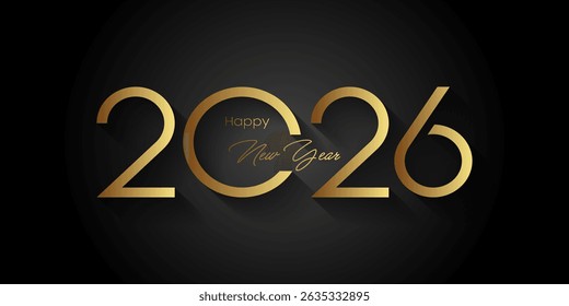 Diseño simple y limpio Feliz año Nuevo 2026. Con números de oro Premium fondo negro para el Anuncio, cartel o calendario.