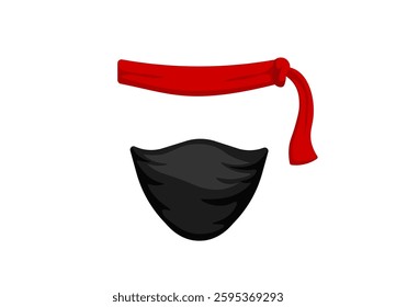 Simple and clean design of a red ninja headband above a black mask, both floating with no background.