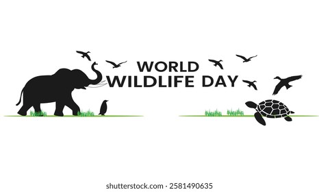 A simple and clean design for World Wildlife Day, featuring an elephant, a turtle, and flying birds, symbolizing wildlife conservation and the protection of endangered species.