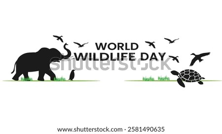 A simple and clean design for World Wildlife Day, featuring an elephant, a turtle, and flying birds, symbolizing wildlife conservation and the protection of endangered species.