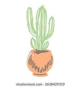 A simple and clean drawing of a green cactus plant potted in an orange pot, designed with minimalist style. Perfect for home decor and botanical illustrations.