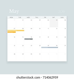 Simple clean editable vector May 2018 event calendar template