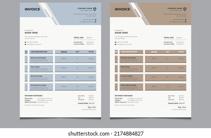 Simple Clean Elegant Modern Business Invoice Design. Abstract Brown Company Creative Corporate Bro Bill Form Price Invoice Template. Professional Blue Gray Voucher Receipt Cash Memo Business Invoice.