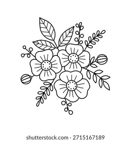 Un dibujo de contorno simple, limpio y elegante de un ramo de flores. Diseño floral en blanco y negro. Esta ilustración se puede utilizar como elemento para proyectos de diseño.