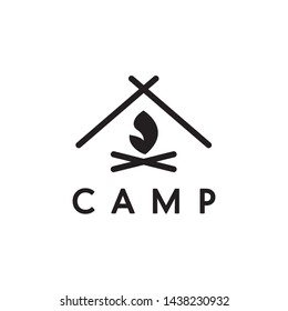 simple, clean, elegant, unique and sophisticated logo design with tent icon and firewood for camp, holiday, tour and travel, etc