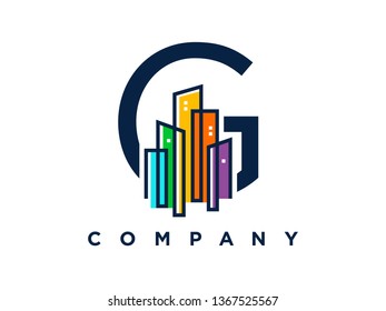 Simple, Clean and Eye catching logo design combining initial letter with colorful mono line building.