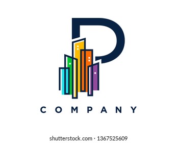 Simple, Clean and Eye catching logo design combining initial letter with colorful mono line building.