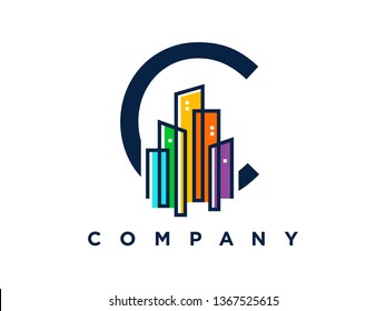 Simple, Clean and Eye catching logo design combining initial letter with colorful mono line building.