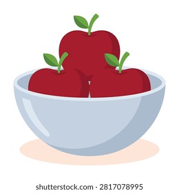 A simple and clean flat design featuring a white bowl filled with three fresh red apples with green leaves. Perfect for healthy eating, diet, and nutrition concepts.