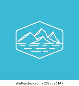 simple clean flat minimalist modern vintage retro hipster floating ice mountain or iceberg landscape with simple shape outline monoline line art style and hexagon shield logo design inspiration