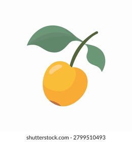 A simple and clean flat vector icon of a single yellow cherry fruit attached to a stem with two green leaves isolated on a white background.
