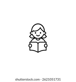A simple and clean flat-style vector icon of a smiling girl reading a book. Perfect for educational materials, children’s learning resources, kindergarten graphics, and school projects.