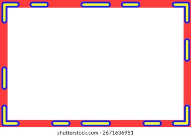 A simple and clean geometric dashed border in red, blue and yellow. Suitable for use as a frame, border, or background element in various creative projects. Isolated on white.