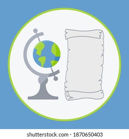 simple clean globe rotates on an axis sign vector. earth map planet flat design isolated cartoon. old blank parchment icon symbol. announcement space for text. travel round the world. adventure art