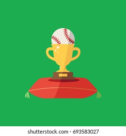 simple clean golden glowing Trophy Cup emblem Vector Icon sport. Winning competition symbol illustration on a pillow or cushion. baseball ball flat design style isolated cartoon on green background. 