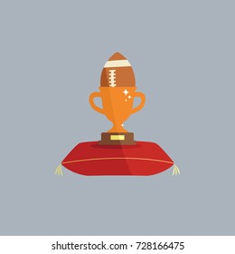 simple clean golden glowing Trophy Cup emblem Vector Icon sport. Winning competition symbol on a pillow or cushion. american football ball game flat design style isolated cartoon on gray background. 