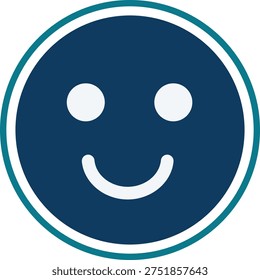 Simple and clean graphic design of a smiling face icon with two white eyes and a curved smile on a dark blue circle