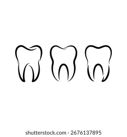 Um gráfico simples e limpo com três dentes esboçados em uma fileira. Esta imagem é perfeita para transmitir conceitos relacionados à odontologia, higiene e um sorriso saudável para seus projetos.