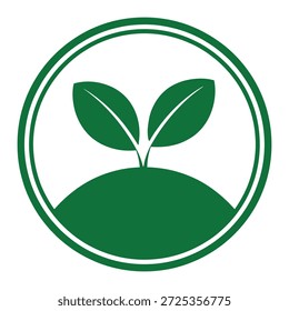 Um ícone gráfico simples e limpo que representa um broto verde emergindo de um monte de terra, delimitado por um círculo verde duplo.