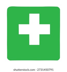 Um gráfico simples e limpo de uma cruz branca em um fundo quadrado verde brilhante, simbolizando ajuda médica ou primeiros socorros.