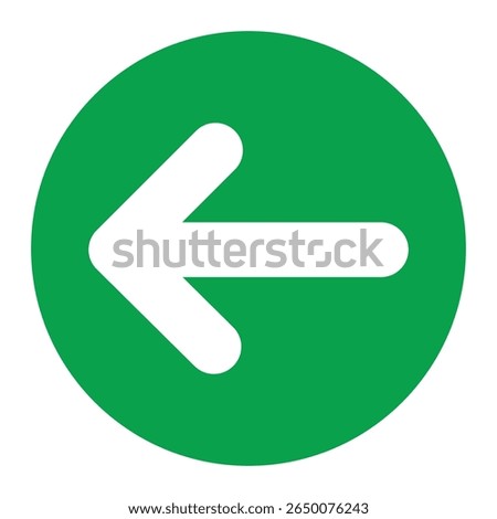 Simple and clean green circular icon featuring a bold white left-facing arrow, perfect for digital indicators and navigation designs.