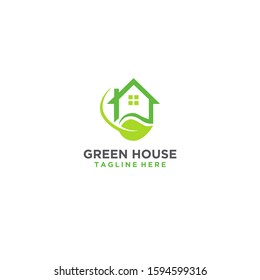 Simple and clean green house with leaf vector logo design. 