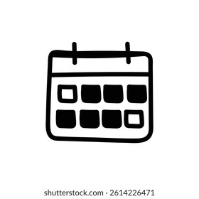  Simple and clean hand-drawn calendar icon in black and white. This minimalist doodle-style illustration is perfect for planners, apps, websites, infographics, and reminder visuals. Its casual, sketch