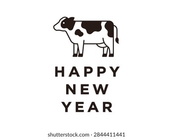 A simple and clean Happy New Year greeting card featuring a minimal illustration of a dairy cow, perfect for winter holiday celebrations and zodiac designs.