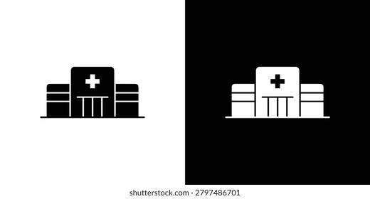 Simple and clean hospital building icon featuring a cross symbol on the roof in two contrasting color schemes for versatile design use