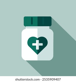 A simple and clean icon design featuring a white medicine bottle with a green heart and cross. Perfect for use in healthcare, pharmacy, and heart health related projects. 