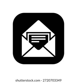 Um ícone simples e limpo de um envelope com uma letra dentro, colocado sobre um fundo branco. O ícone é preto-e-branco, com um design minimalista que facilita o reconhecimento e a compreensão.