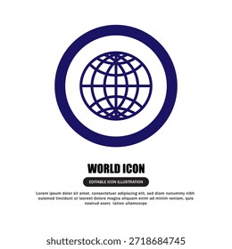 Uma ilustração simples e limpa de um ícone de globo azul com linhas de grade, delimitadas por uma borda circular, em um plano de fundo branco plano. Este gráfico digital representa a conectividade global.