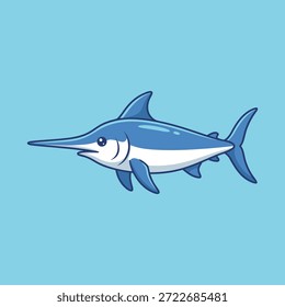 A simple and clean illustration of a blue swordfish swimming.