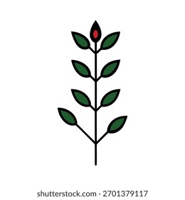 A simple, clean illustration of a botanical element, featuring a central stem with symmetrical green leaves and a single vibrant red bud at its apex. Ideal for minimalist design.
