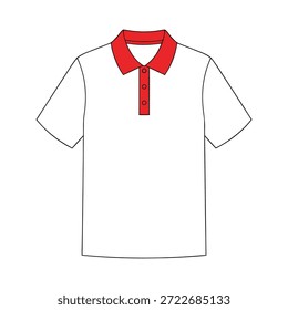 A simple, clean illustration of a classic white polo shirt featuring a contrasting red collar and matching red buttons on the placket.