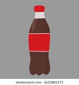 Simple, clean illustration of a dark-colored soda bottle with a red label against a neutral grey background.