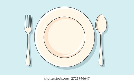 Einfache und saubere Illustration eines Abendessens mit einem schlichten weißen Teller, flankiert von einer silbernen Gabel und einem silbernen Löffel.