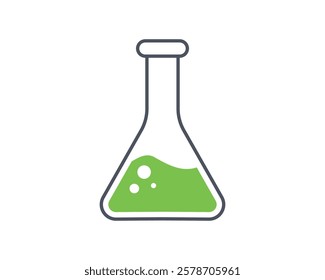 Simple, clean illustration of an Erlenmeyer flask containing a bright green liquid.  Perfect for science, chemistry, laboratory, or educational projects.  Use as an icon, symbol, or graphic element.