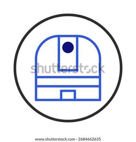 A simple and clean illustration features a blue outline of a telescope icon encased within a bold black circle, representing science, astronomy, and space exploration. The design evokes a sense of