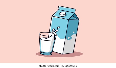 A simple, clean illustration featuring a blue and white milk carton next to a glass of milk with a splash.