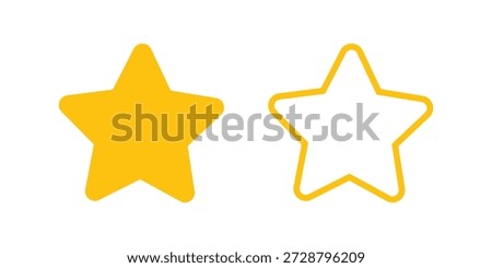 A simple and clean illustration featuring two yellow star icons set against a plain white background. On the left, there is a solid yellow star, fully filled, with rounded points, giving it a soft appearance. To its right, an identical star shape is presented as a yellow outline, showing only the border of the star while its interior remains white. These versatile icons are commonly used in user interfaces to denote ratings, favorites, bookmarks, or important selections, offering a clear visual cue for interaction.