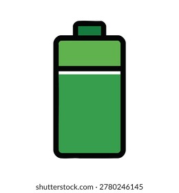 A simple, clean illustration of a green battery with a thick black outline, indicating a full charge.