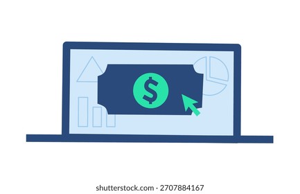 Una ilustración simple y limpia de una computadora portátil que muestra un billete de un dólar y un cursor con acentos de color azul y verde, rodeado de gráficos estadísticos abstractos que representan transacciones financieras en línea