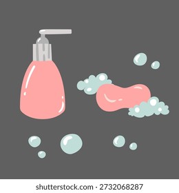Ilustración simple y limpia de jabón líquido y burbujas. Un Vector perfecto para productos de higiene o señalización e instrucciones de baño.