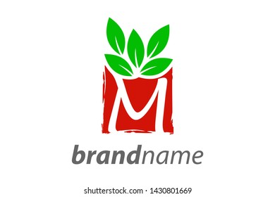Simple and Clean illustration logo design square leaf with letter M