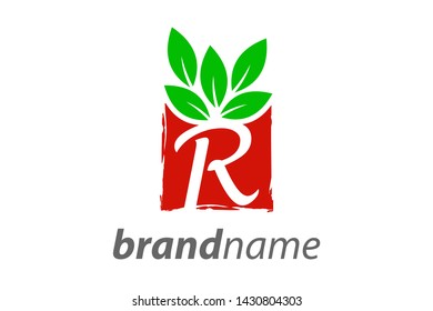 Simple and Clean illustration logo design square leaf with letter R