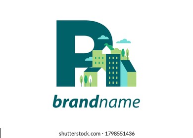 Simple and Clean illustration logo design Initial P building.