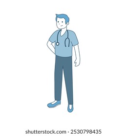 A simple, clean illustration of a male healthcare worker with a stethoscope around his neck, standing confidently with one hand on his hip